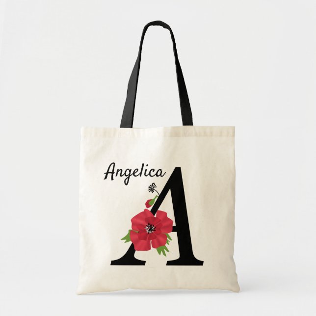 Personalised monogram editable A text red flower f Tote Bag (Front)
