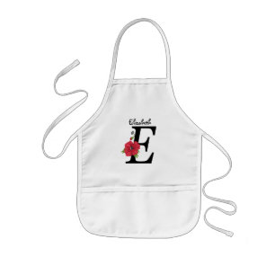Personalised monogram editable E text red flower f Kids Apron