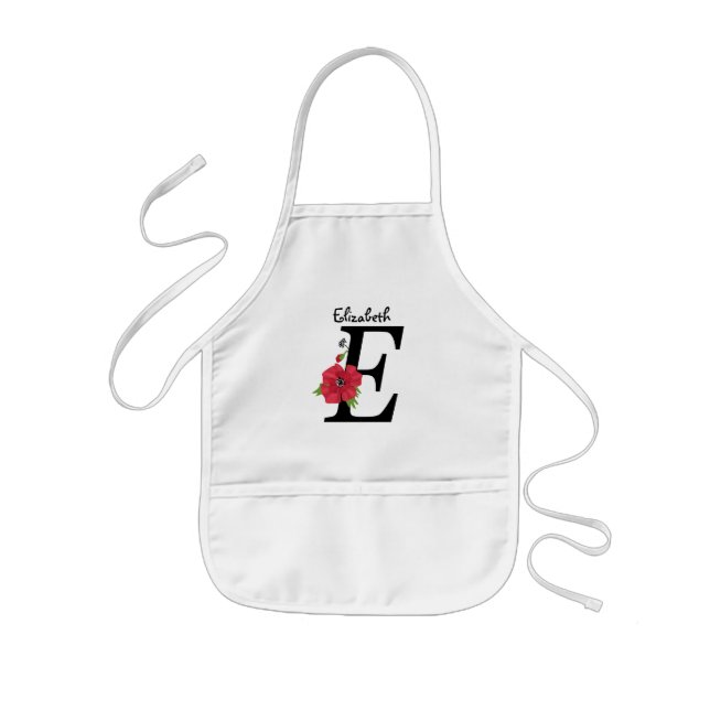 Personalised monogram editable E text red flower f Kids Apron (Front)