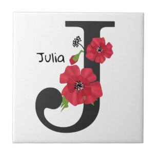 Personalised monogram editable J text red flower Ceramic Tile