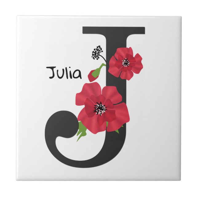 Personalised monogram editable J text red flower Ceramic Tile (Front)