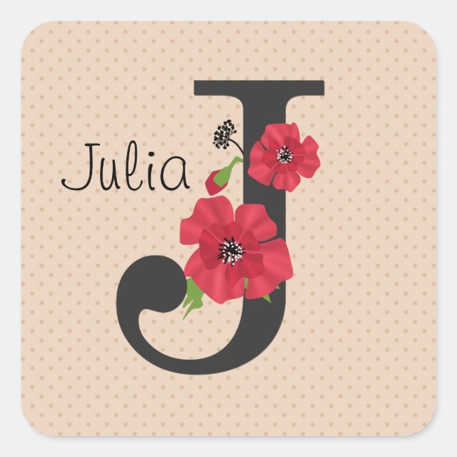 Personalised monogram editable J text red flower f Square Sticker (Front)