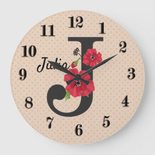 Personalised monogram editable J text red flower Large Clock