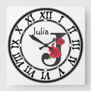 Personalised monogram editable J text red flower Square Wall Clock