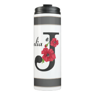 Personalised monogram editable J text red flower Thermal Tumbler
