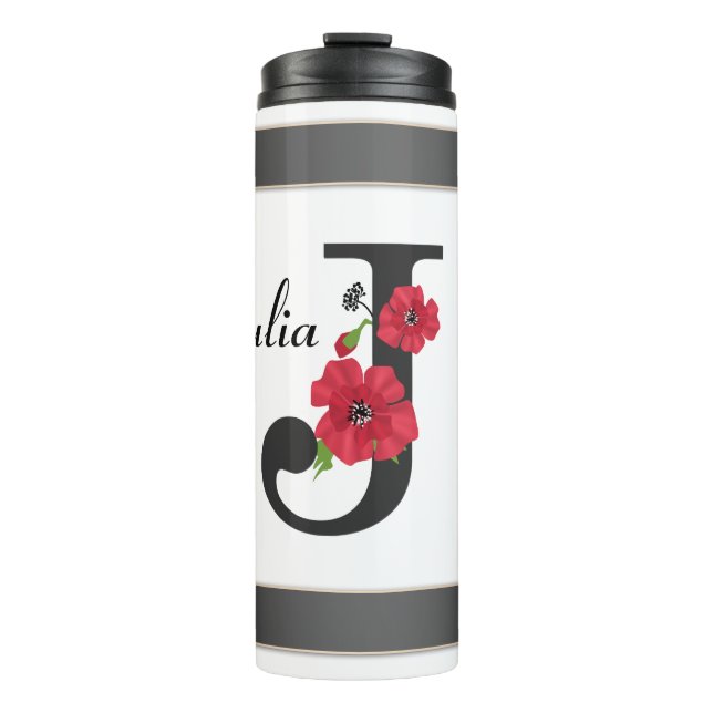 Personalised monogram editable J text red flower Thermal Tumbler (Front)