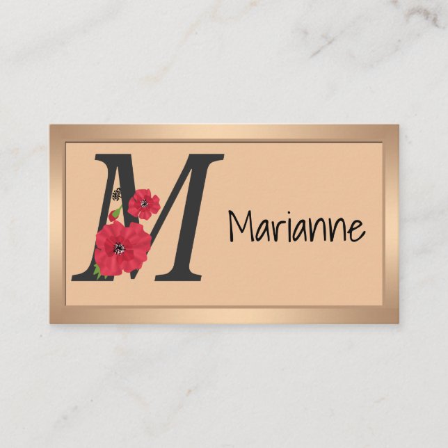 Personalised monogram editable M text red flower Business Card (Front)