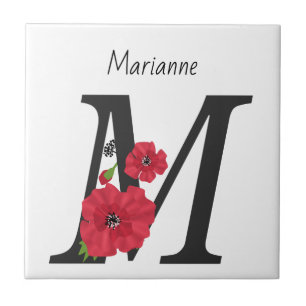 Personalised monogram editable M text red flower Ceramic Tile
