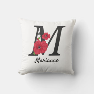 Personalised monogram editable M text red flower f Cushion