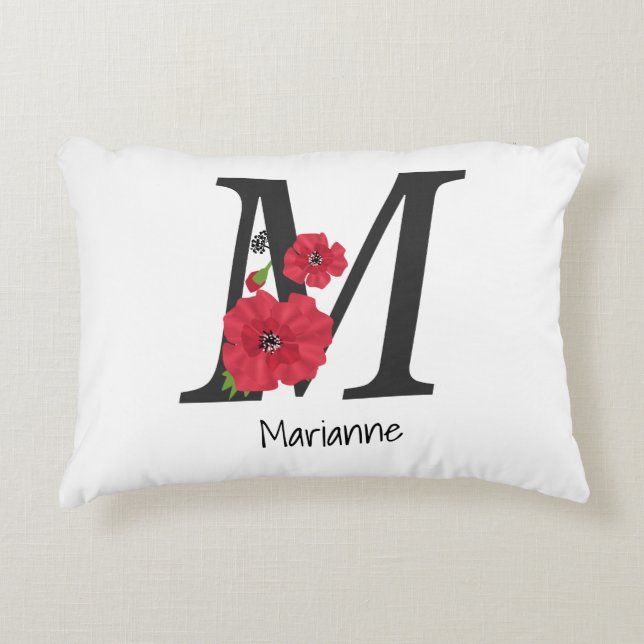 Personalised monogram editable M text red flower f Decorative Cushion (Front)