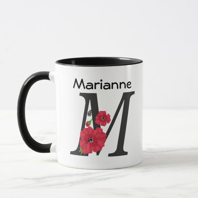 Personalised monogram editable M text red flower f Mug (Left)