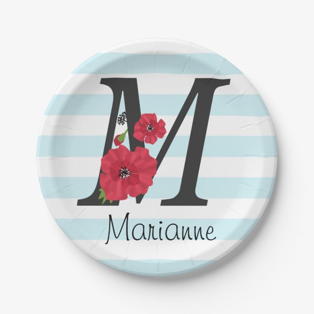 Personalised monogram editable M text red flower f Paper Plate (Front)