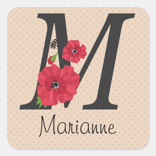 Personalised monogram editable M text red flower f Square Sticker (Front)