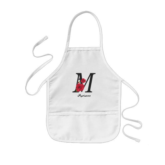 Personalised monogram editable M text red flower Kids Apron (Front)