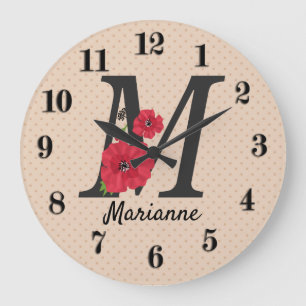 Personalised monogram editable M text red flower Large Clock