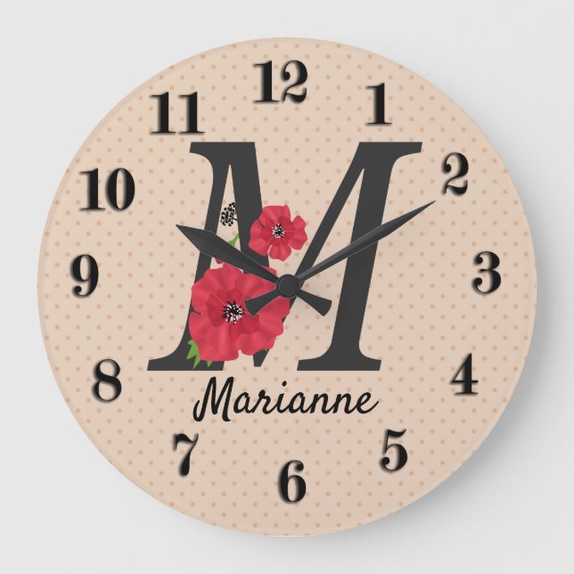 Personalised monogram editable M text red flower Large Clock (Front)