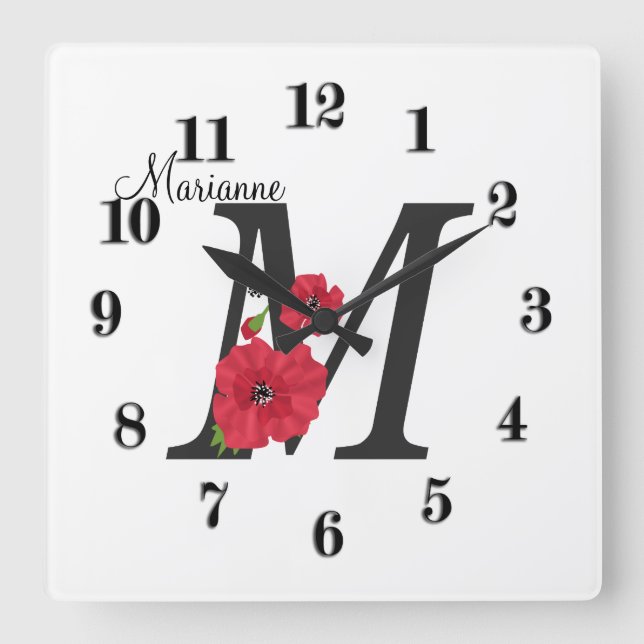 Personalised monogram editable M text red flower Square Wall Clock (Front)