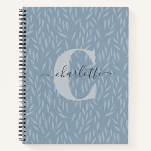 Personalised Monogram Elegant Botanical Blue Leaf Notebook