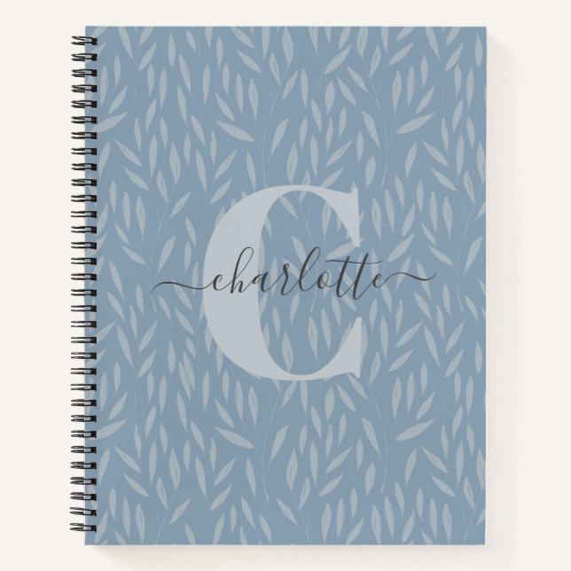 Personalised Monogram Elegant Botanical Blue Leaf Notebook (Front)