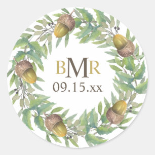 Personalised Monogram Fall Wedding Acorn Wreath Cl Classic Round Sticker