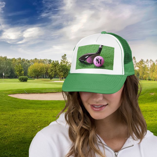 Personalised Monogram Fancy Script Pink Golf Ball Trucker Hat (Creator Uploaded)