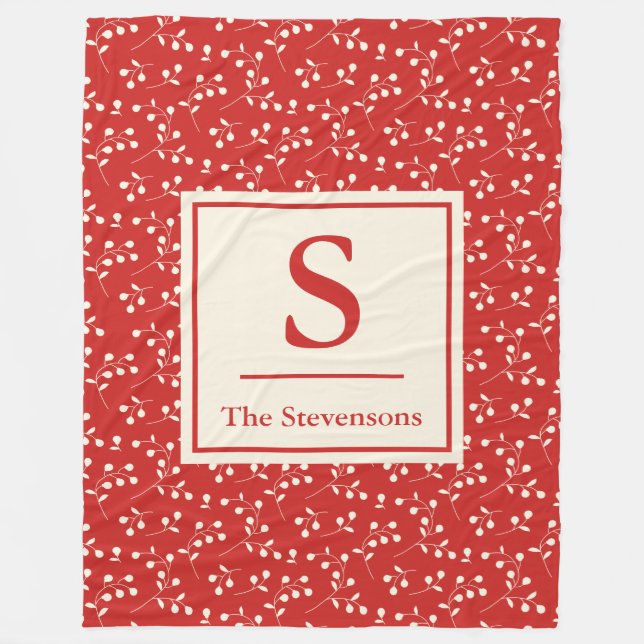 Personalised Monogram Festive Christmas Red Floral Fleece Blanket (Front)