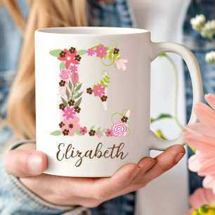 Personalised Monogram Floral Letter E Coffee Mug