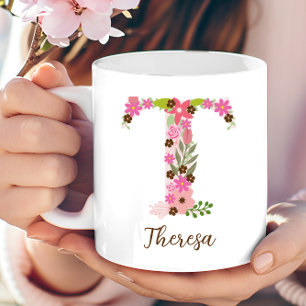 Personalised Monogram Floral Letter T Coffee Mug