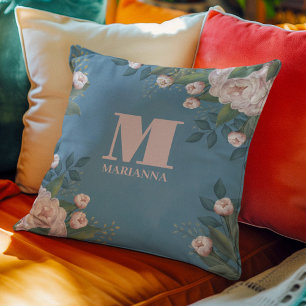 Personalised Monogram Floral Pink Rose Cushion