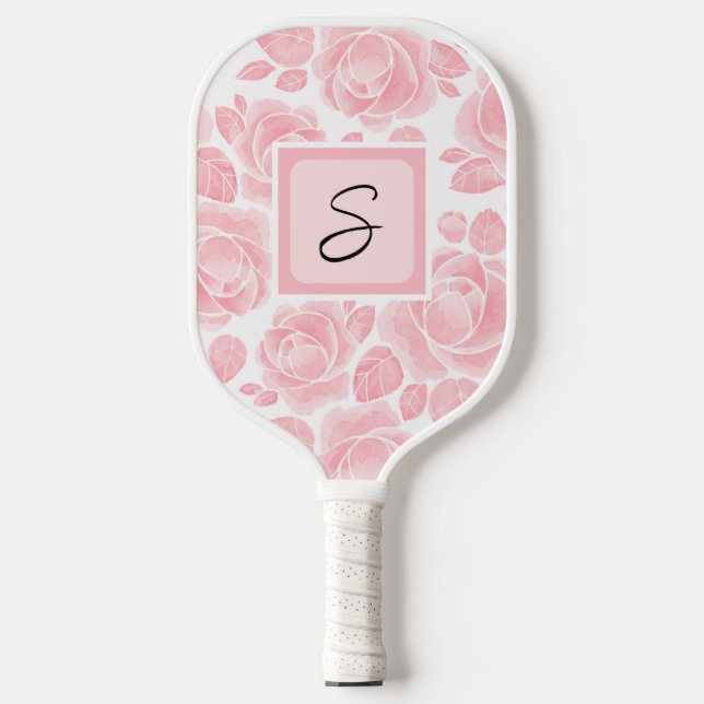 Personalised Monogram Floral Rose Pink  Pickleball Paddle (Front)