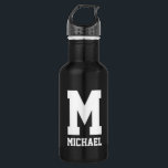 Personalised monogram gift sports water bottle<br><div class="desc">Personalised monogram gift sports water bottle. Black and white Stainless steel metallic colour. Sporty gift idea for coach, players, team mates and sports fans. Modern typography design with custom name, funny quote, slogan or monogram. Create your own unique monogrammed drink bottle. Suitable for men, women and kids / children. Cute...</div>