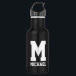 Personalised monogram gift sports water bottle<br><div class="desc">Personalised monogram gift sports water bottle. Black and white Stainless steel metallic colour. Sporty gift idea for coach, players, team mates and sports fans. Modern typography design with custom name, funny quote, slogan or monogram. Create your own unique monogrammed drink bottle. Suitable for men, women and kids / children. Cute...</div>