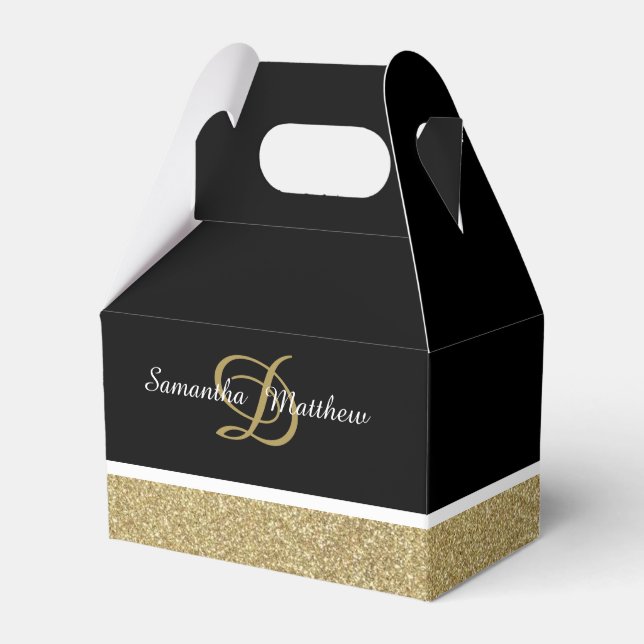Personalised Monogram Glitter Gold Black Wedding Favour Box (Front Side)