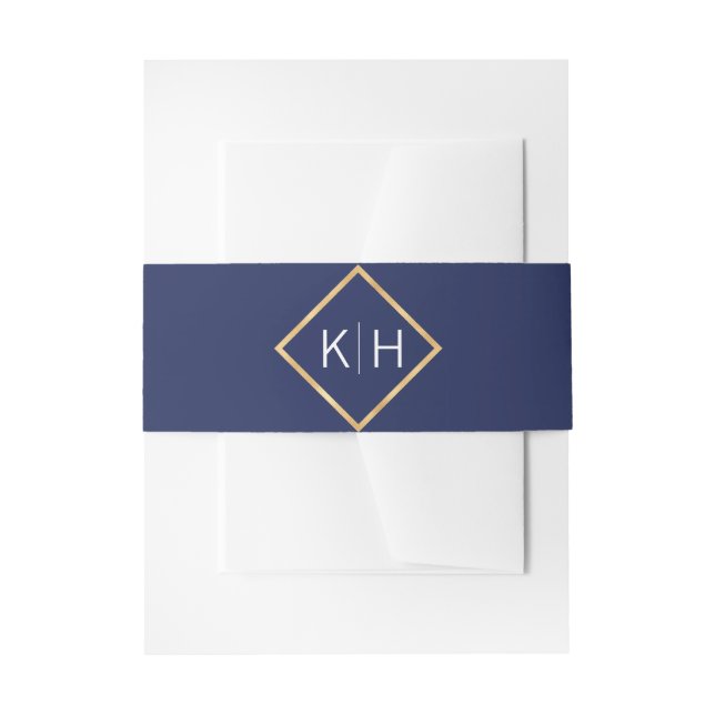 Personalised Monogram Gold Frame Navy Blue Wedding Invitation Belly Band (Front Example)