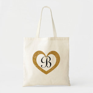 Personalised monogram gold glitter heart tote bag