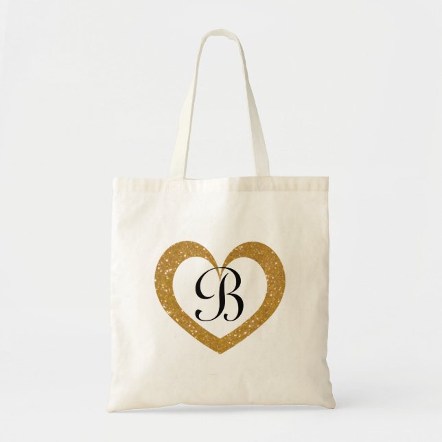 Personalised monogram gold glitter heart tote bag (Front)