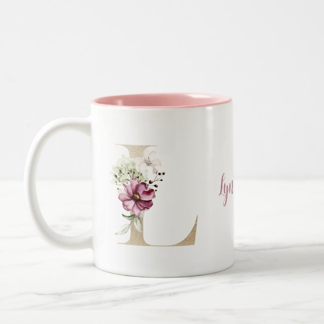 Personalised Monogram Gold Letter L Pink Floral  Two-Tone Coffee Mug (Left)