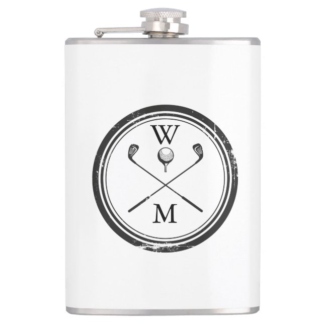 Personalised Monogram Golf Clubs Ball Hip Flask (Front)