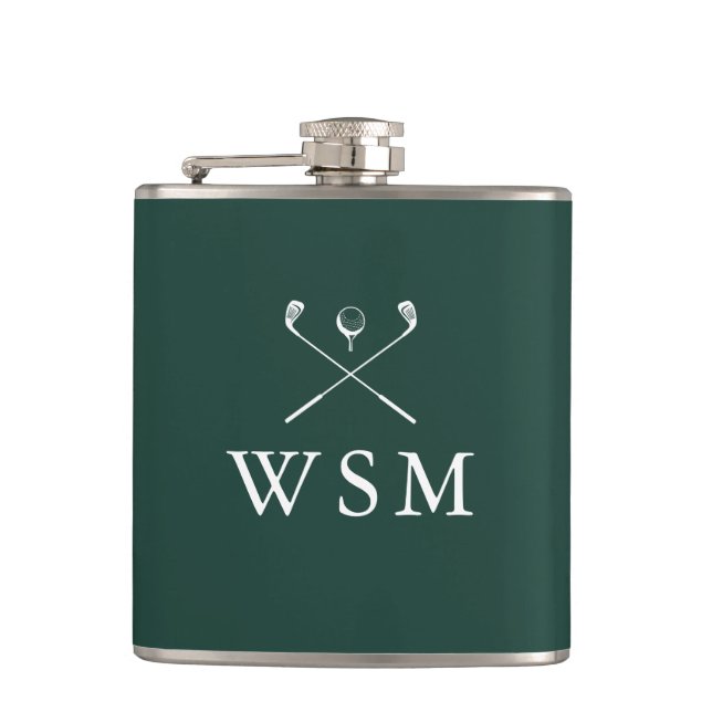 Personalised Monogram Golf Clubs Emerald Green Hip Flask (Front)