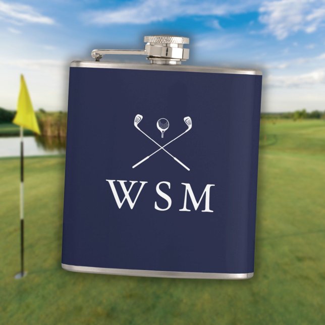 Personalised Monogram Golf Clubs Navy Blue Hip Flask (Personalized Monogram Golf Clubs Navy Blue Flask)