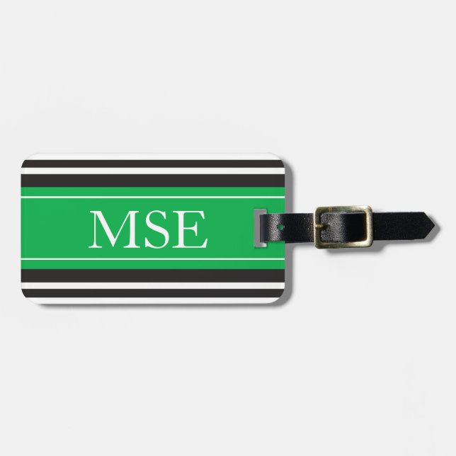 Personalised Monogram Green Black Stripes Pattern Luggage Tag (Front Horizontal)