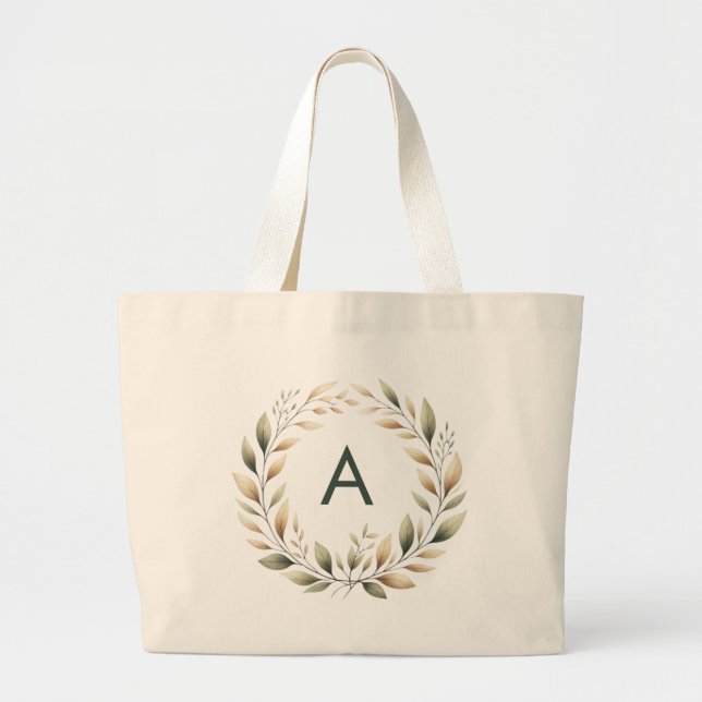 Personalised Monogram Green Gold Wreath Tote Bag (Front)