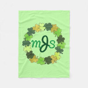 Personalised Monogram Green Irish Shamrock Wreath Fleece Blanket