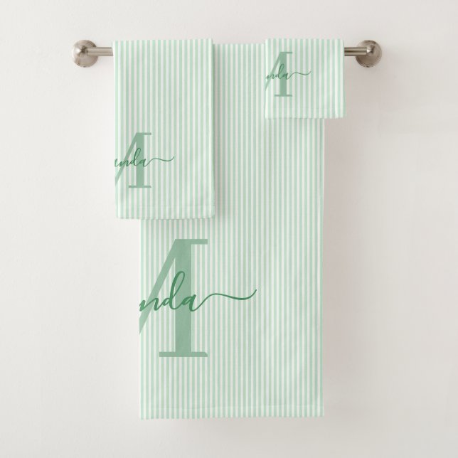 Personalised Monogram Green & White Stripes Bath Towel Set (Insitu)
