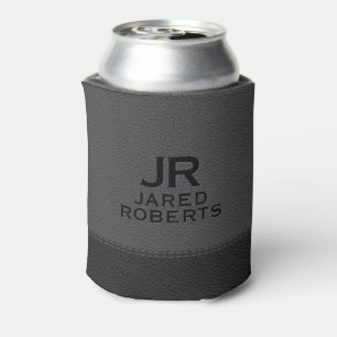 Personalised Monogram Grey & Black Leather Can Cooler