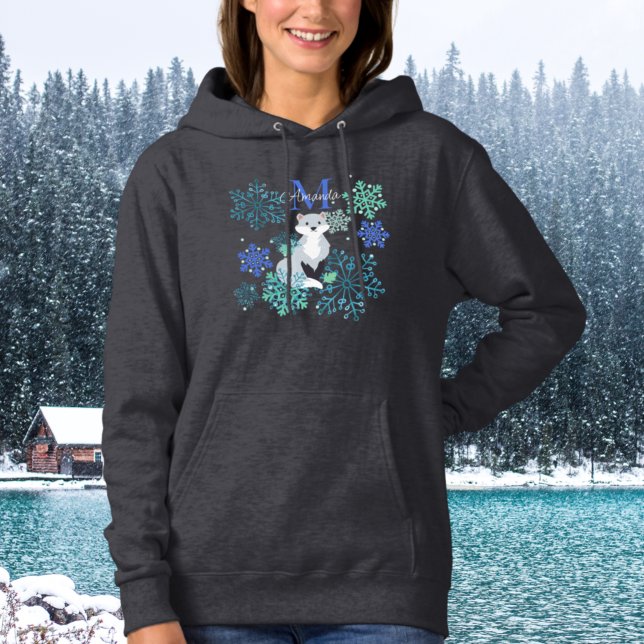 Personalised Monogram Grey Fox blue snowflakes Hoodie (Creator Uploaded)