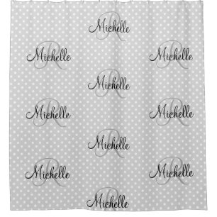Personalised monogram grey polkadot shower curtain
