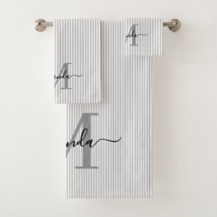 Personalised Monogram Grey & White Stripes Bath Towel Set