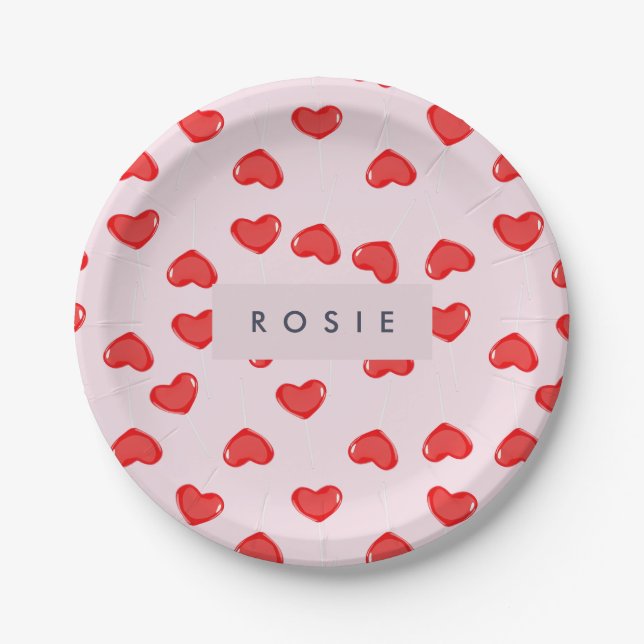 Personalised Monogram Heart Lolipop Valentines Paper Plate (Front)