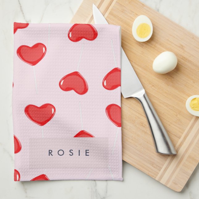 Personalised Monogram Heart Lolipop Valentines Tea Towel (Quarter Fold)